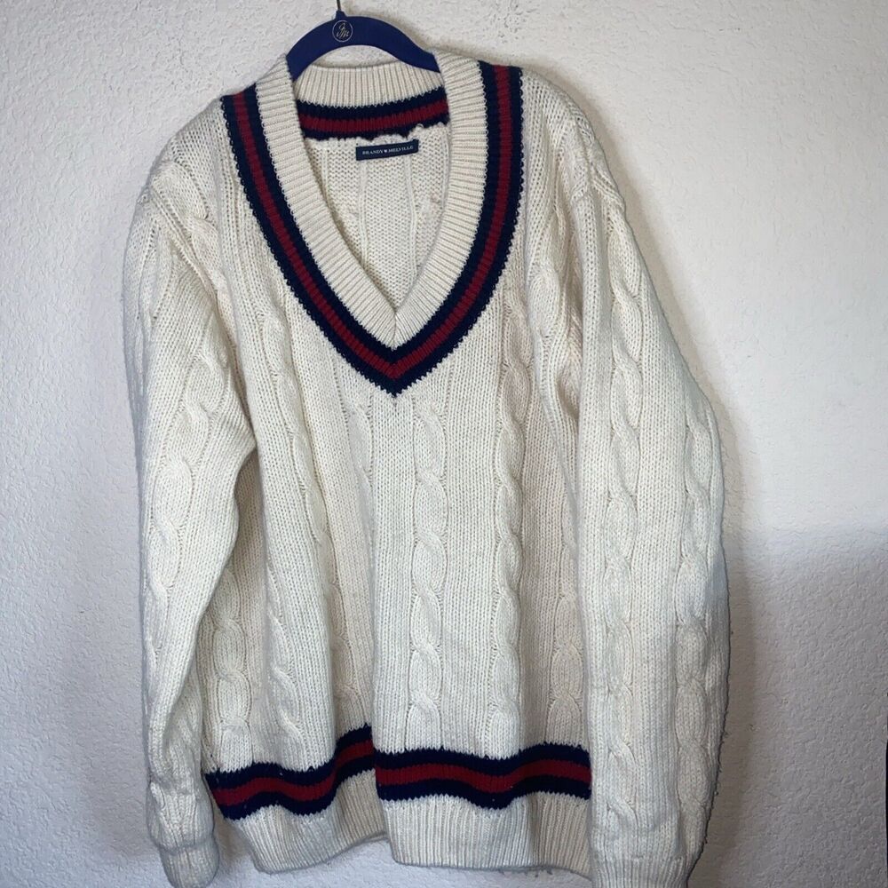 Brandy Melville Wool Chunky Cable Knit Varsity Sweater Womens Preppy tennis OS